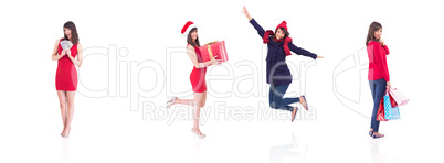 Composite image of festive brunette holding gift bags