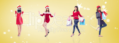 Composite image of happy brunette in winter clothes holding shop