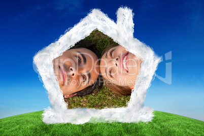 Composite image of close up of two friends looking at each other