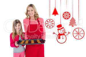 Composite image of mother and daughter with baking tray