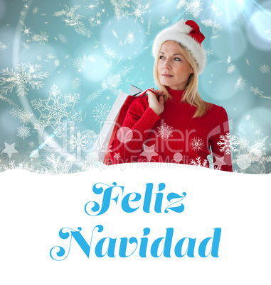 Composite image of happy festive blonde with shopping bags