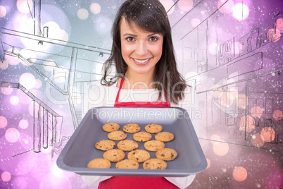 Composite image of festive brunette offering hot cookies