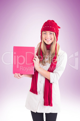 Pretty blonde showing red poster