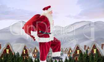 Composite image of santa jumps with his bag