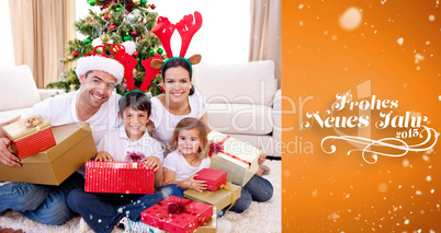 Composite image of happy family celebrating christmas at home