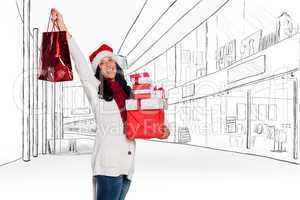 Composite image of smiling woman with christmas presents