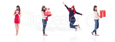 Composite image of smiling woman holding a gift