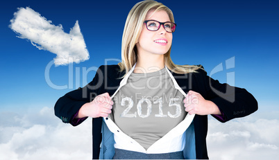 Composite image of businesswoman opening shirt in superhero styl