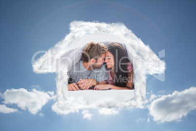 Composite image of cheerful couple head against head under the d