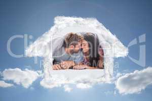 Composite image of cheerful couple head against head under the d