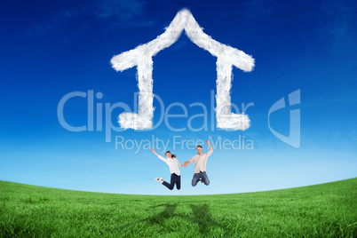 Composite image of couple jumping and holding hands