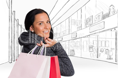 Composite image of smiling woman holding shopping bag