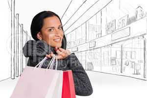 Composite image of smiling woman holding shopping bag