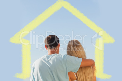 Composite image of rear view of cute couple admiring blue sky