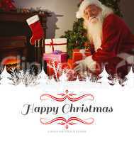 Composite image of smiling santa delivering gifts at christmas e