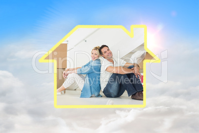 Composite image of smiling couple with boxes in a new house