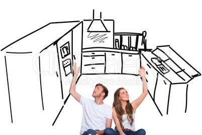 Composite image of happy young couple with hands raised