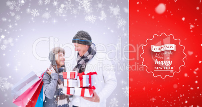 Composite image of woman surprising boyfriend with gift