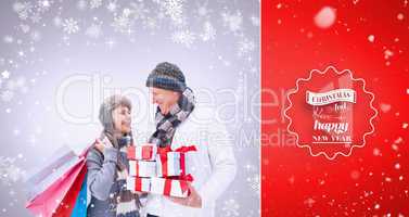 Composite image of woman surprising boyfriend with gift