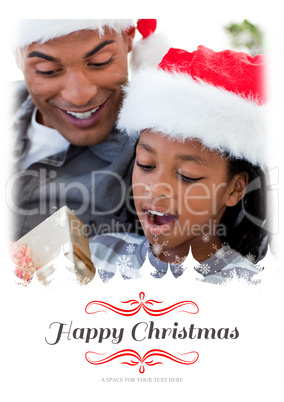Composite image of portrait of an father and son opening a chris