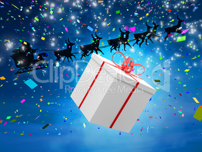 Composite image of santa flying his sleigh behind a big gift