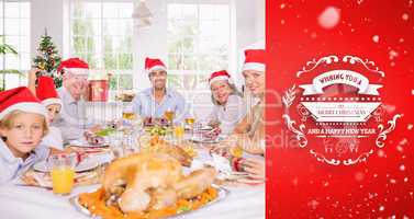 Composite image of smiling family around the dinner table at chr