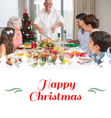 Composite image of extended family at dining table for christmas