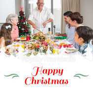 Composite image of extended family at dining table for christmas