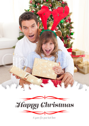 Composite image of surprised father and his girl opening christm