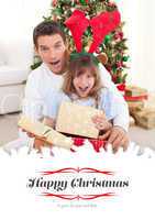 Composite image of surprised father and his girl opening christm