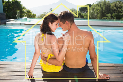 Composite image of couple sitting by swimming pool on a sunny da