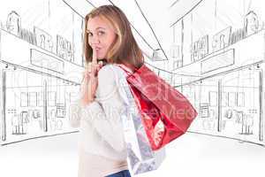 Composite image of pretty blonde keeping a secret holding bags