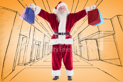 Composite image of santa holds some bags for chistmas