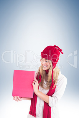Pretty blonde showing red poster
