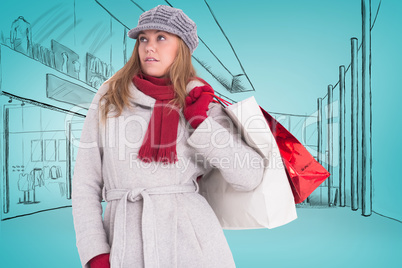 Composite image of happy blonde in winter clothes posing