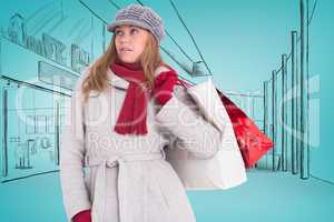 Composite image of happy blonde in winter clothes posing