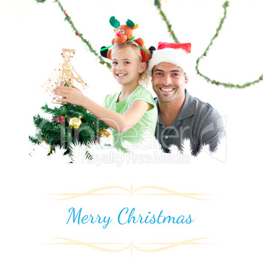 Composite image of happy father and daughter decorating together