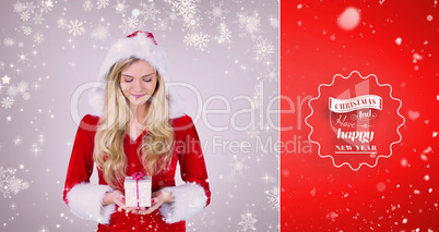 Composite image of pretty girl in santa outfit holding gift