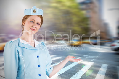 Composite image of pretty air hostess presenting with hand