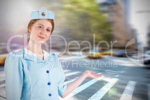 Composite image of pretty air hostess presenting with hand