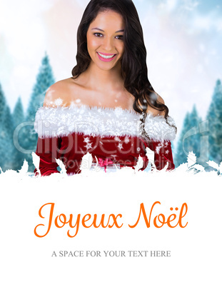 Composite image of pretty girl in santa outfit holding gift