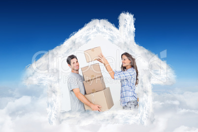 Composite image of woman giving boxes to her husband Composite image of woman giving boxes to her husband