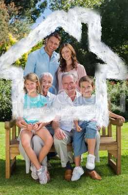 Composite image of smiling multi generation family sitting on be