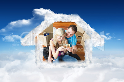 Composite image of cute lovers celebrating new house with champa