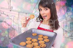 Composite image of festive brunette showing hot cookies