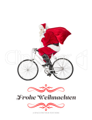 Composite image of santa claus delivering gifts with bicycle