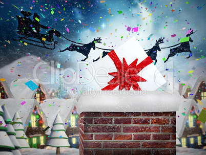 Composite image of santa flying his sleigh behind chimney