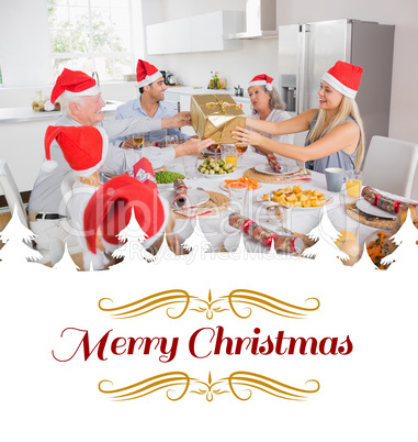 Composite image of festive family exchanging gifts
