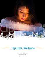 Composite image of pretty brunette in santa outfit opening gift