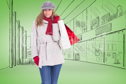 Composite image of happy blonde in winter clothes with bags